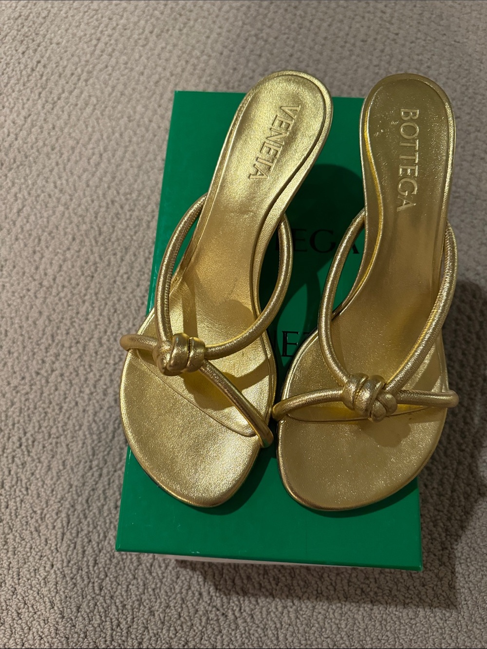 Bottega Veneta Metallic Gold Knot Leather Slide Sandals